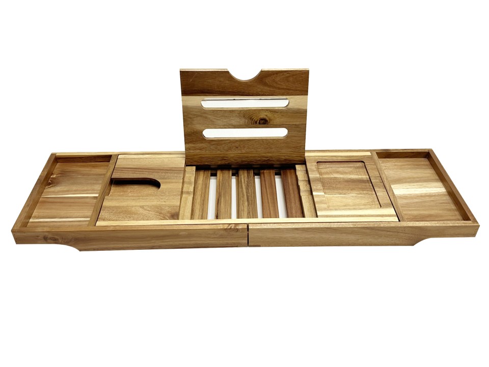 Premium Acacia Wood Expandable Bath Caddy with Tablet Holder - Sustainable Bathroom Organizer